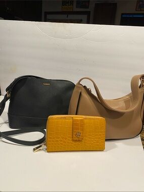 Black Crossbody Bag, Beige Shoulder Bag & Yellow Wallet - Women's Bag Set